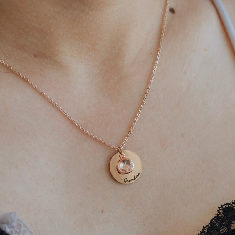 Amira Necklace — a personalized piece featuring a birthstone pendant and custom engraving